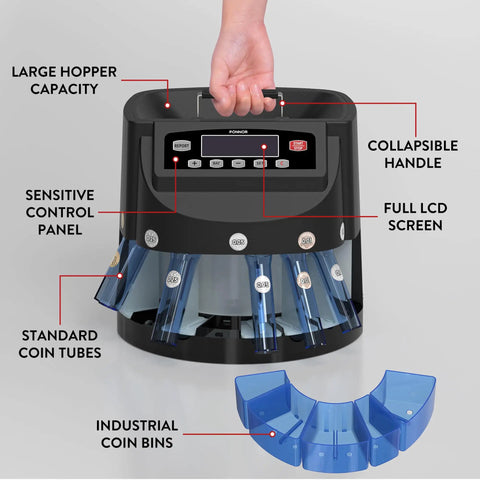 Coin Counter Machine Sorter For Change With Wrapper Roller, Auto Sorts Up To 300 Coins Per Minute, displaying control panel and handle