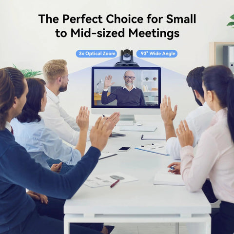 Group video conference using 4K AI Auto Tracking PTZ Camera With 3X Optical Zoom And 93 Degree Wide Angle for business meeting.