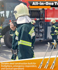 Firefighters using 30 Inch Halligan Tool With Shoulder Straps For Firefighters And Emergency Breach Heavy Duty 45 Gauge Steel Forged Halligan Bar Demolition Tool For Quick Door Breakdowns near fire truck.