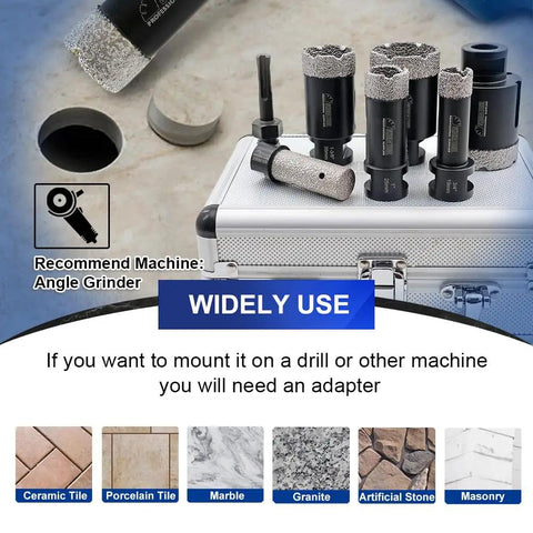 7-Piece Diamond Hole Saw Kit For Porcelain Tile Ceramic Marble Brick Dry Or Wet Core Drill Bits Set Displayed on Case