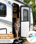 Child exiting RV with Built Tough 304 Stainless RV Door Holder And Hold Open Latch For Trailers 4 Inch Door Retainer