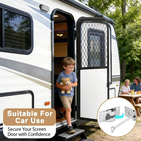 Child exiting RV with Built Tough 304 Stainless RV Door Holder And Hold Open Latch For Trailers 4 Inch Door Retainer