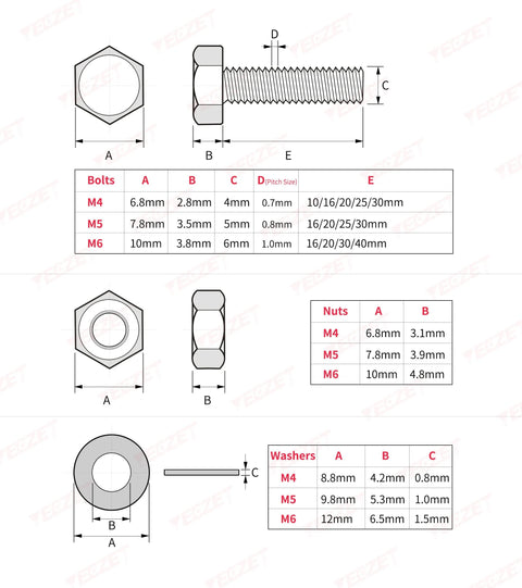 Front view of YEEZET 620pc stainless steel bolt, nut, and washer assortment with M4/M5/M6 sizes and diagrams.