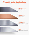 Versatile sheet metal samples including 12-gauge steel, 9-gauge copper, 7-gauge aluminum, and 1 mm stainless steel sheets display.