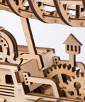 Close-up of mechanical parts in 3D Jigsaw Puzzle Construction Set DIY Mechanical Model Build Kit Laser Cut Woodcraft Puzzle