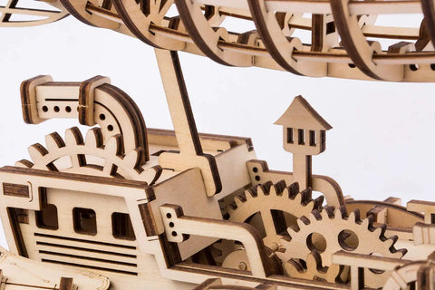 Close-up of mechanical parts in 3D Jigsaw Puzzle Construction Set DIY Mechanical Model Build Kit Laser Cut Woodcraft Puzzle