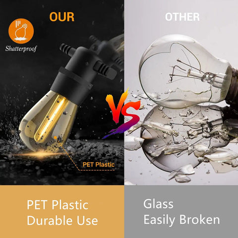 Comparison of PET plastic outdoor LED string light bulb versus broken glass bulb, highlighting shatterproof durability.