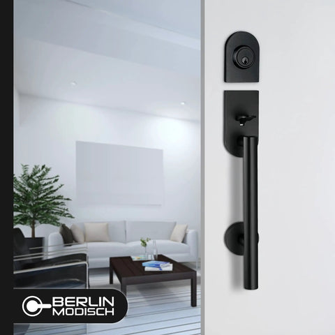 Heavy Duty Black Front Door Handle Set With Round Lever And Single Cylinder Deadbolt, Iron Black Finish, Built To Last, Modern Sleek Exterior Lock Set For Residential And Commercial Use, 9.5 Inch Center To Center