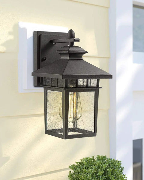 Outdoor Wall Light Lanterns, Black Cast Aluminum Exterior Fixtures With Seeded Glass on yellow wall, Colonial Pagoda Style