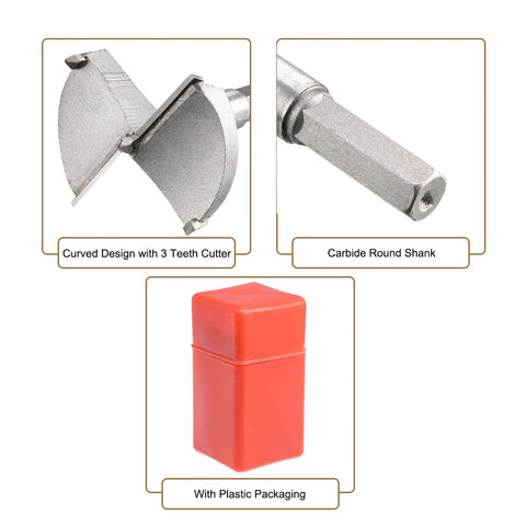 Two Forstner drill bits (53mm) with tungsten carbide cutters and round shanks, gray; red plastic storage case