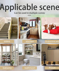 Various indoor scenes where the Extra Wide Baby Gate Pressure Mounted With Extensions can be used, including stairs and kitchen.
