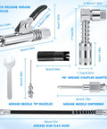Grease Gun Fittings Accessory Kit, chrome-plated, Amazon-brand, includes 12in hose, 90° coupler, needle tips, dispenser.