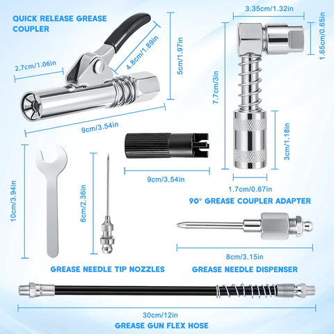 Grease Gun Fittings Accessory Kit, chrome-plated, Amazon-brand, includes 12in hose, 90° coupler, needle tips, dispenser.