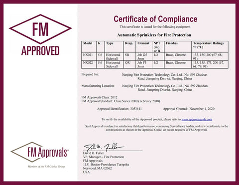 FM Approved Certificate of Compliance for Automatic Sprinklers, detailing models and specifications for fire protection.