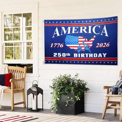 Double Sided 3 By 5 Ft All American Flag Decor For Indoor Outdoor Patriotic Fourth Of July 250th Anniversary on porch wall.