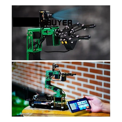 6DOF Robot Arm Kit With AI Visual Recognition Board For Raspberry Pi 4B 4G 8G Rad For Makers And Coders Learn Coding Hands On Projects Self Learning Drawing Imitation And Creative Automation, green metal arm on table