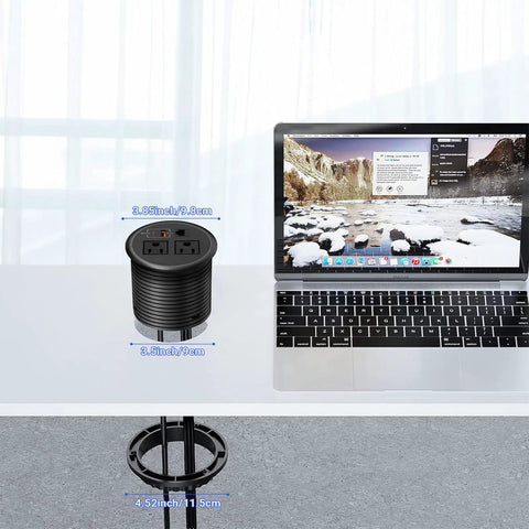 Slick Flush Mount Desktop Power Grommet Offering Recessed Layout With Two AC Outlets PD 20W USB C Fast Charge Port And Ethernet Jack on a modern desk
