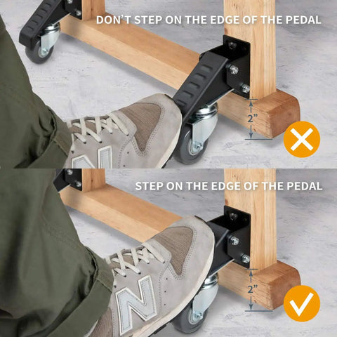 Demonstration of proper foot placement on Workbench Caster Kit Set Of Four With Side Mounting Options And 3 Inch Retractable Stepdown Caster Wheels