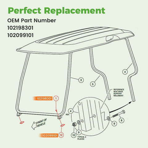 Diagram of Easy Install Golf Cart Front Windshield Bottom Mounting Strut Pads Kit with part numbers 102198301 102099101