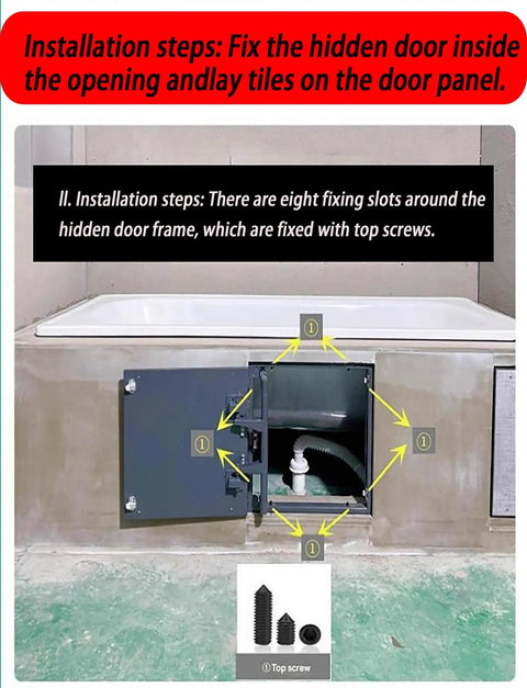 Installation steps for Heavy Duty Concealed Pivot Door Hinge Kit Slick Hidden Hardware For Marble Tile Wall Doors with visible screw slots.