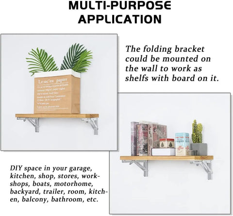 Heavy Duty Stainless Steel Folding Shelf Brackets Rock Solid Collapsible Wall Mounts with wooden shelves displaying plants and books.
