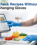 Person using touchscreen with Blue Vinyl Synthetic Exam Gloves 4 Mil Powder Free Latex Free Non Sterile Disposable Gloves Large 100 Count