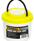 Compact Live Bait Container For Leeches And Worms With Insulated Foam Insert And Ventilated Lid in yellow and white with handle