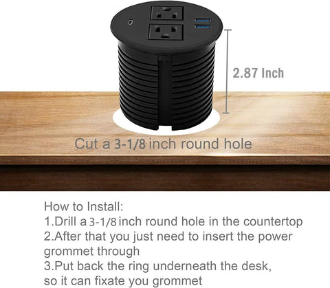 Desk Power Grommet With PD 20W USB C Hub Recessed Outlet Strip installation guide on wooden desk showing dimensions