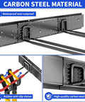 Heavy Duty 48 Inch Wall Mount Garden Tool Organizer With Six Adjustable Hooks Easy Install Steel Black Storage System For Garage Shed Basement And Workshop Space Saving Wall Rack showing carbon steel material and waterproof features.