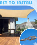 Sunshade sail installed over patio with close-up of stainless steel eye bolt in use, illustrating setup for outdoor shading.