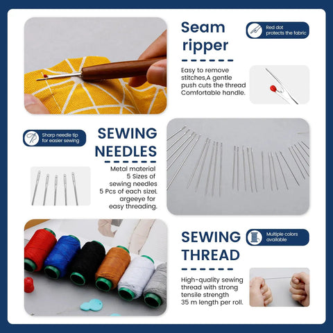 Complete Sewing Kit For Adults With Steel Needles And 40-Piece Set showing seam ripper, needles, colorful threads