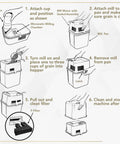 Instruction diagram for assembling Electric Grain Mill With High Speed Milling For Wheat, Corn, Rice, Beans, And More, 24 Cups Of Fresh Flour In Under 10 Minutes, Stainless Steel Milling Chamber, See Through Pan, Made In USA