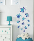 Dope 3D Sea Turtle Wall Decals With Ocean Grass And Seaweed Stickers on nursery wall, featuring 12 turtles and bubbles design