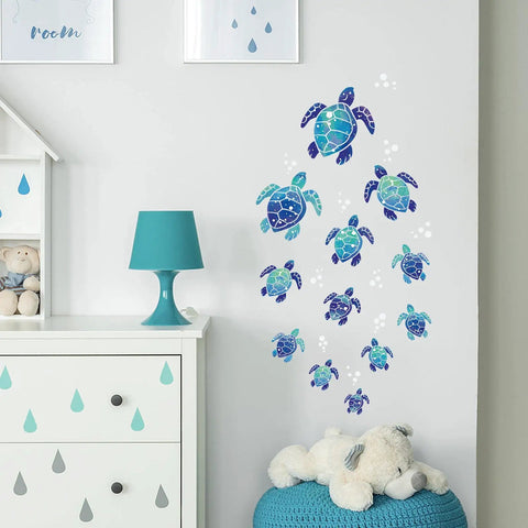 Dope 3D Sea Turtle Wall Decals With Ocean Grass And Seaweed Stickers on nursery wall, featuring 12 turtles and bubbles design