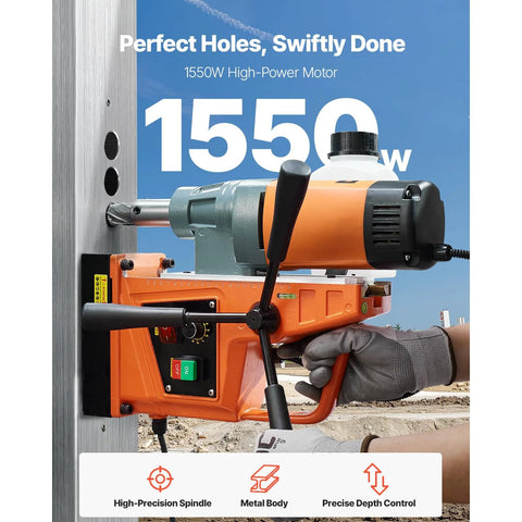 Side view of orange VEVOR magnetic drill press mounted to a metal surface.