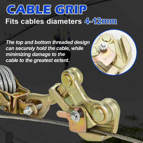 Cable grip of Zipline Tensioning Kit with Cable Winch and Grip, showing grip on steel wire with text overlay about cable diameter.