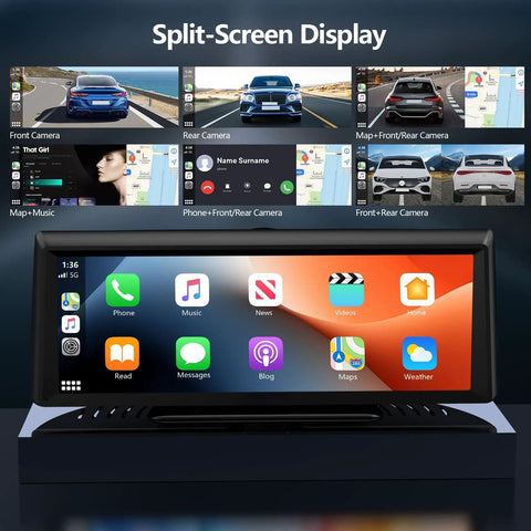 8.1 Inch Portable Wireless CarPlay Screen With 2K Dash Cam And 1080P Backup Camera Touchscreen Car Stereo displaying apps