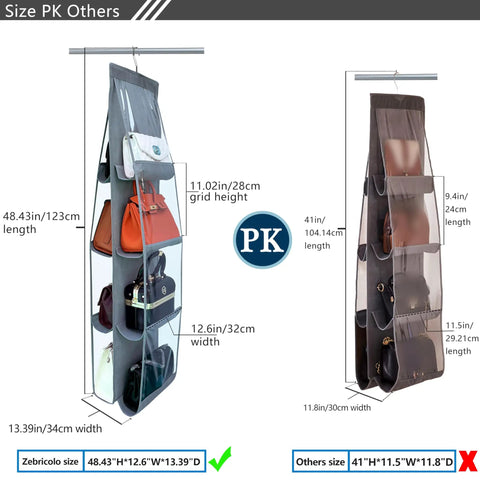 Heavy Duty Purse Organizer Set 2 Pack For Closet, Thick Metal Hooks, See Through Pockets, Grey Purse Organizer with Bag Storage