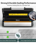 95kPa Vacuum Sealer With AquaLock Technology showing 12mm dual heat bars and sealing performance, stainless steel finish