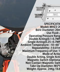 20mm Bore Air Gripper Pneumatic Cylinder specifications and image featuring aluminum alloy body next to a motorcycle.