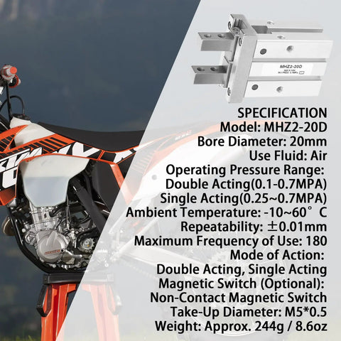 20mm Bore Air Gripper Pneumatic Cylinder specifications and image featuring aluminum alloy body next to a motorcycle.