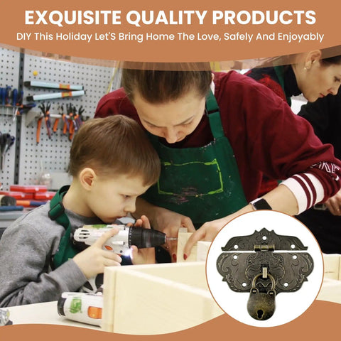 Old School Vintage Hasp And Padlock Set Bronze Zinc Alloy Decorative Latch Kit For Antique Jewelry Boxes Tool Chests And Rugged Suitcases Featuring Bear Shaped Tumbler in a DIY workshop with a child.