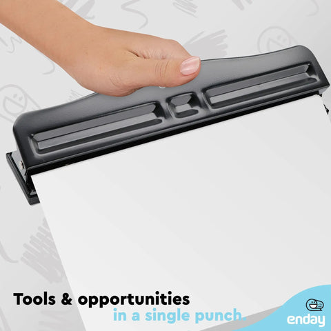 Hand using Heavy Duty Three Hole Punch For Binders Adjustable 10 Sheet Paper Punch Metal Three Ring Punch With Built In Waste Chip Tray