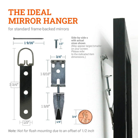 Heavy Duty Mirror Hanging Kit With Strap Hangers And Leveling Hardware For Up To 100 Lbs Built To Last, showing dimensions