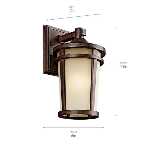 Atwood 11 Inch Outdoor Wall Light In Brown Stone Finish With Light Umber Mist Glass 1 Light Exterior Wall Sconce For Porch Or Patio Rustic Lodge Style Weather Resistant Durable, displayed with measurements 11in H x 6in W x 7in D