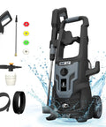 Electric Pressure Washer 1600 PSI 1.2 GPM with Detergent Tank, 12 Amp Motor, 4 Quick Connect Nozzles, CETL Listed, splashing water