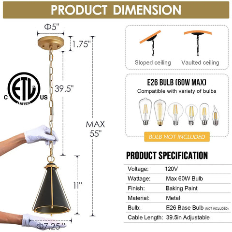 Two Pack Dope Black And Gold Pendant Lights With Adjustable Chain showing dimensions and bulb compatibility details.