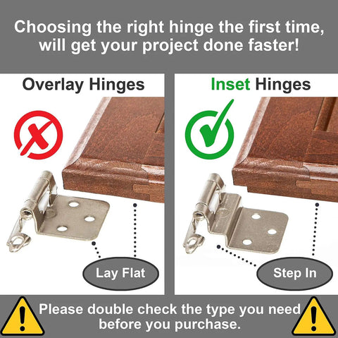 Image showing comparison of overlay hinges and inset hinges for Three Eighths Inch Inset Cabinet Hinges Brushed Nickel Self-Closing Offset Hinges.