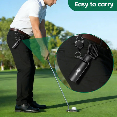 Golfer using All In One Golf Towel And Club Brush Cleaning Kit With Water Bottle attached to belt for easy access