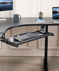 Rock Solid Slide Out Keyboard Tray For Corner Desk Effortless Gliding Computer Drawer With Swivel Clamps Black 26.8 x 11 inch with mouse space.